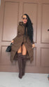 Long, chocolate brown vest with tie belt